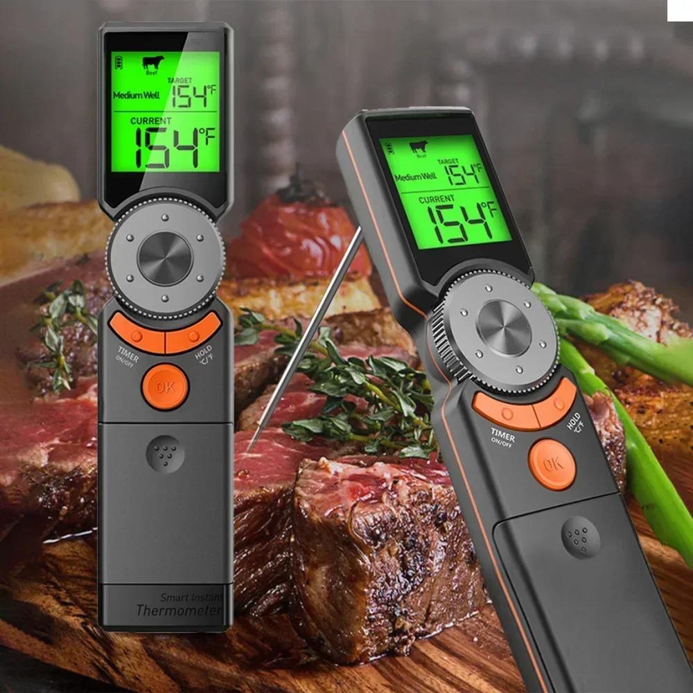 Kitchen Thermometer 16x3.6cm Smart Waterproof Thermometer With Foldable Probe & Timer For BBQ & Grill Food Temperature Tools