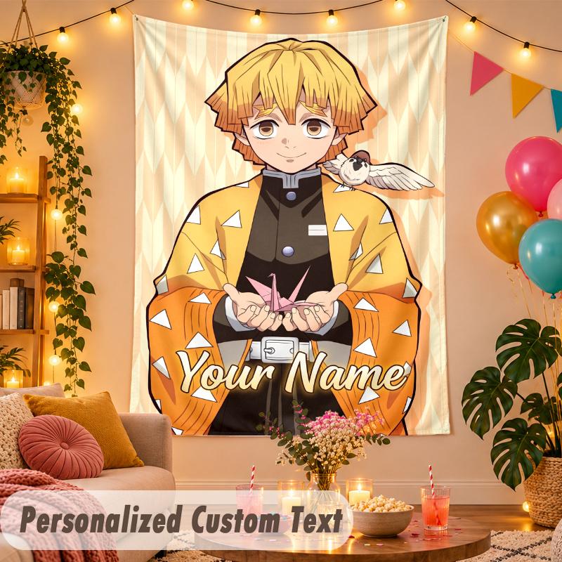 Zenitsu Agatsuma Personalized Wall Tapestry Custom Name Text Polyester Hanging Decor Home Room