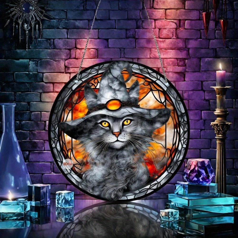 Catcher dei sogni rotondo in acrilico retrò 2D per Halloween - motivo pipistrello/corvo/gatto nero decorazione per finestra, decorazione per la casa horror da interni ed esterni