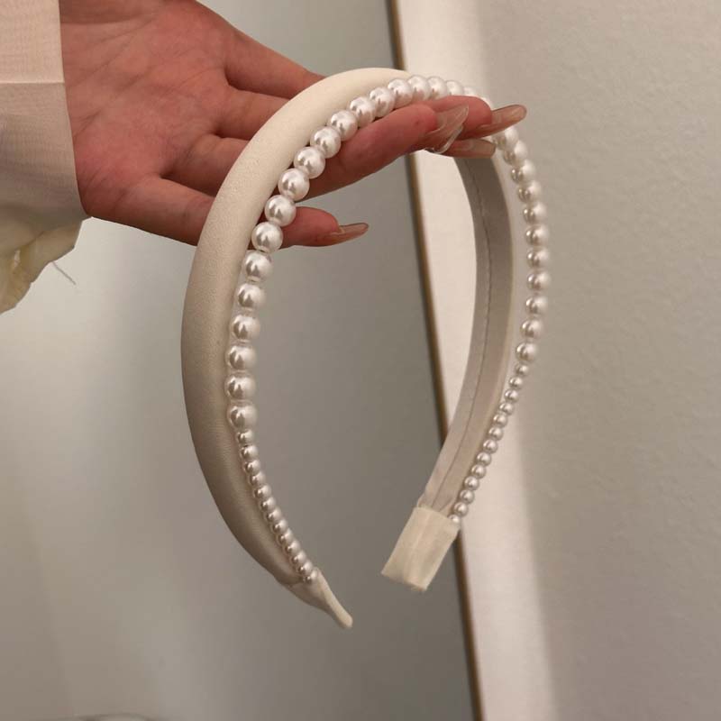 New Narrow Satin Pearl Double-Layer Headband for Women Retro Elegant Black White Pearl Hair Hoop Wedding Hair Accessories