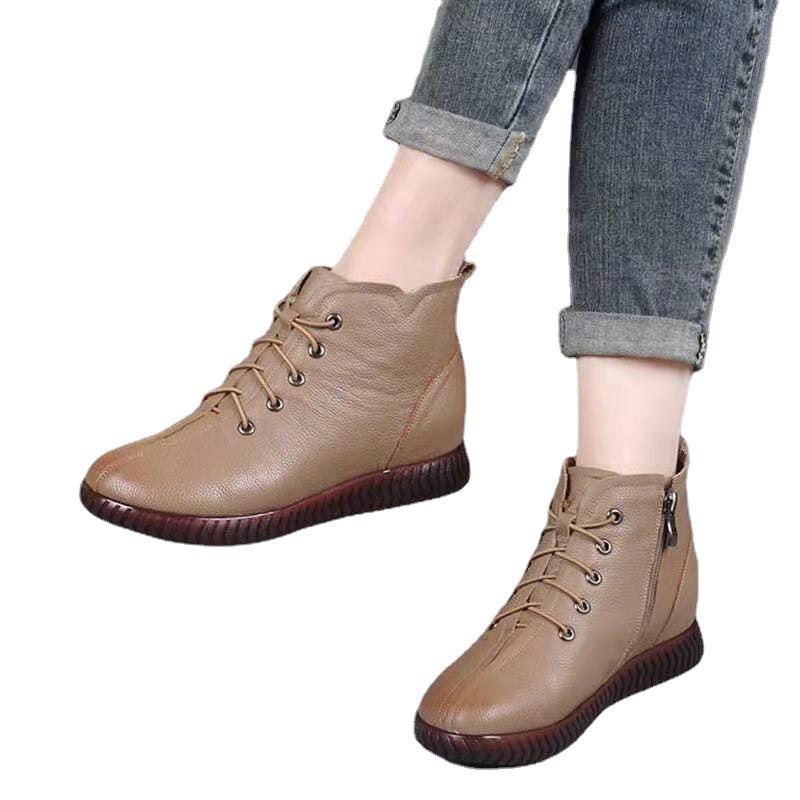 2025 New Winter Warm Cotton Boots Soft Leather Rubber Soft Sole Middle-aged Women's Boots Velvet Cotton Shoes Non-slip Flat Short Boots