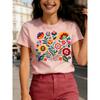 Mexican Colorful Floral Festival Letter Printed T-shirt, Women's Casual Short Sleeved Round Neck Top