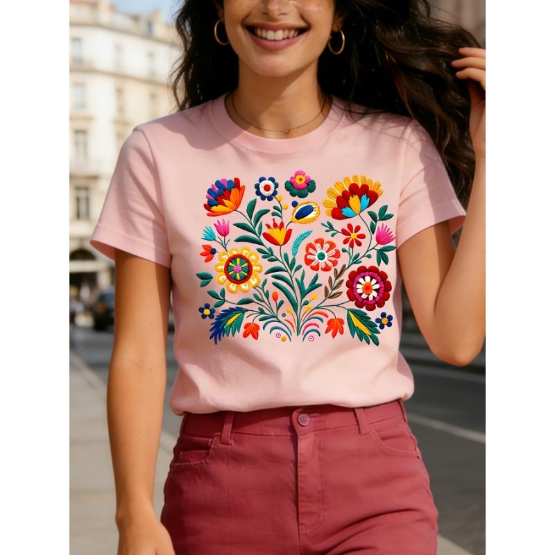 Mexican Colorful Floral Festival Letter Printed T-shirt, Women's Casual Short Sleeved Round Neck Top