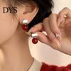 Birthday Gifts for Her 1 Pair Red Bead Round Stud Earrings, Minimalist Light Luxury Daily Wear Earrings Women, Polished Silver Disc Jewelry
