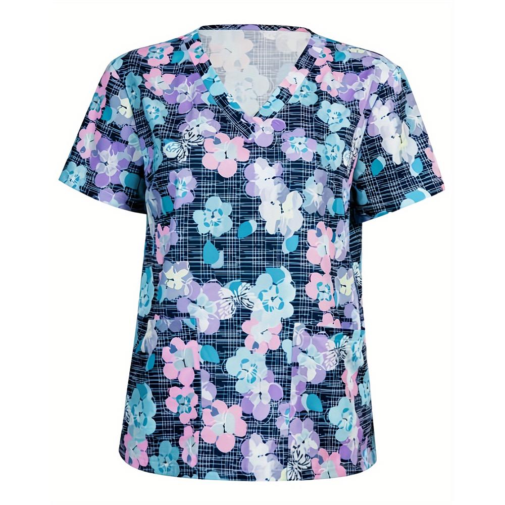 Blouses médicales pour femmes Mode Imprimé floral Tops d'infirmière saine Col en V Manches courtes Poches plaquées T-shirts Uniformes cliniques Femme