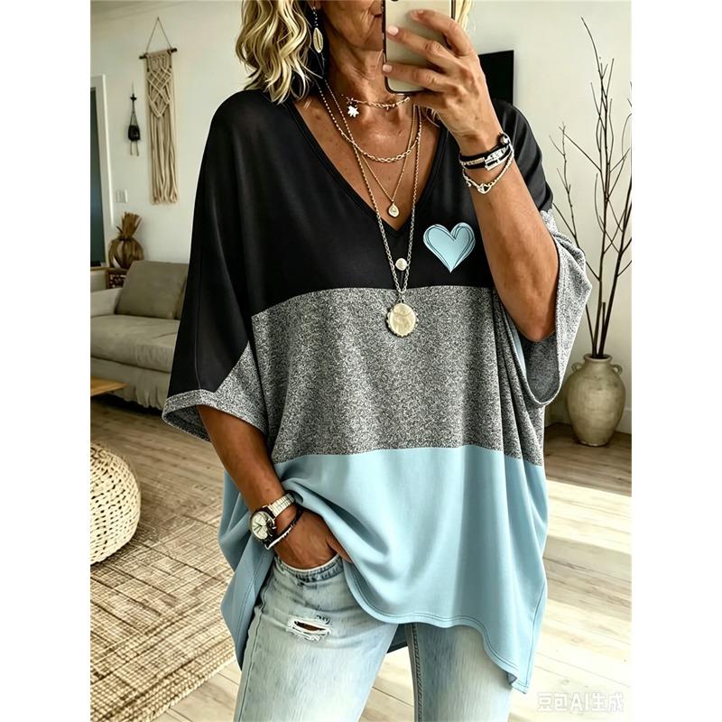 T-shirt da Donna Taglie Forti con Scollo a V e Maniche a Pipistrello Stampa Etnica Bohemien Top Largo Estivo Comodo Traspirante per il Pendolarismo Quotidiano Casual