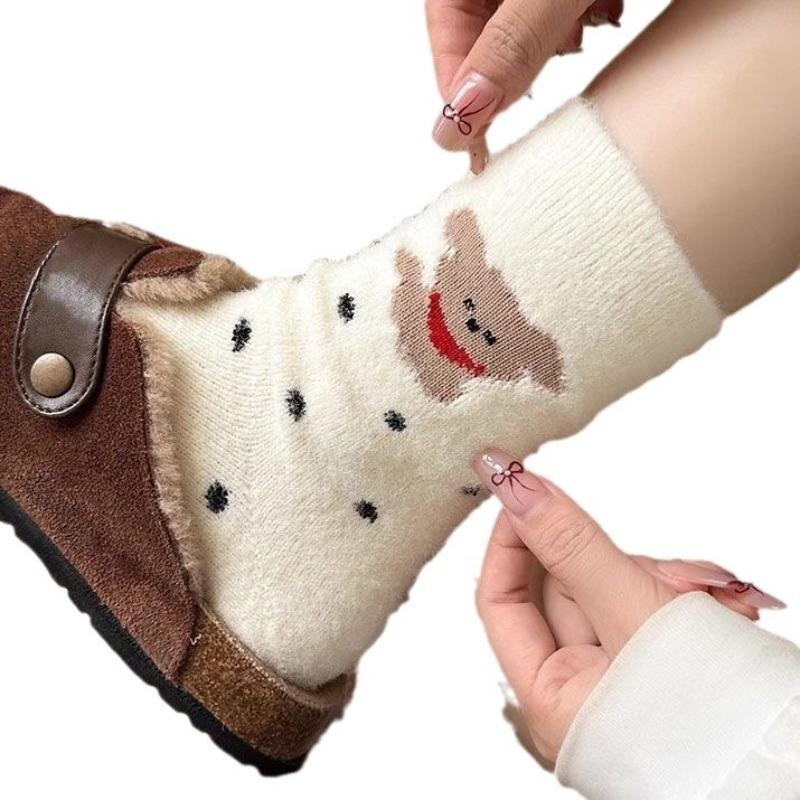 Women's Trendy Autumn and Winter Fleece Mid-calf Striped Cartoon Embroidered Puppy Socks Academy Cute Floor Socks