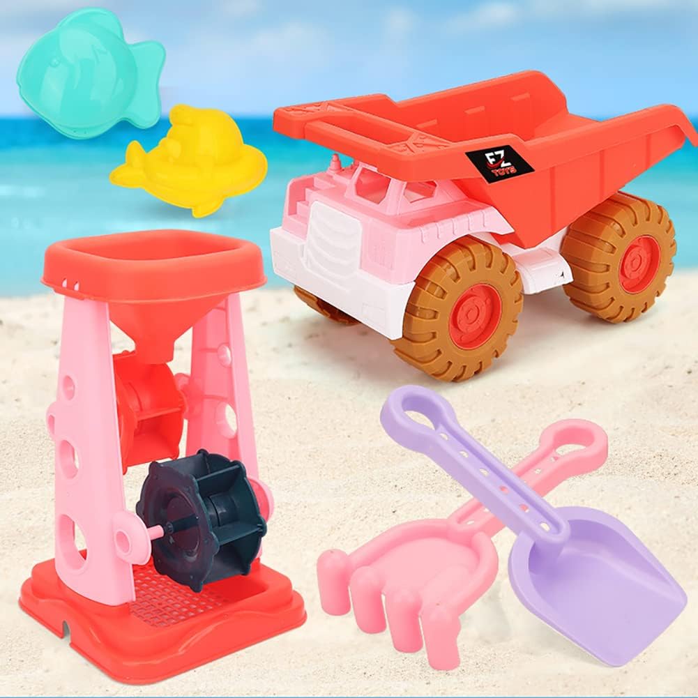 6 Piece Sand Toy Beach Toy Set with Sand Wheel, Truck, Sand Molds, Bucket, Shovel, Water Toy Set, Outdoor Toy for Boys Girls 3 4 5 6 7 Years