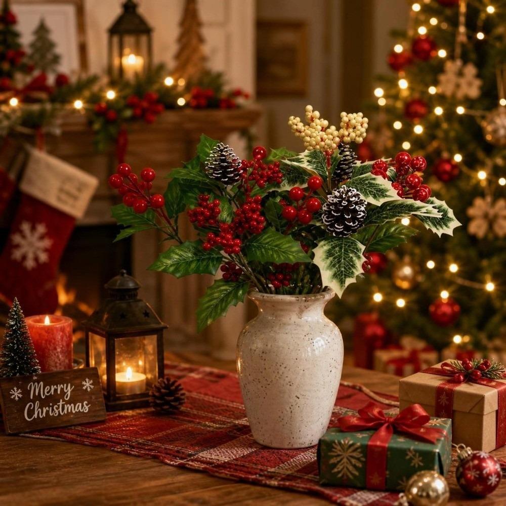 Artificial Floral Decor Christmas Pine Cone Fake Flowers DIY Home Xmas Gift Box Decor Red Christmas Berry Christmas Decorations