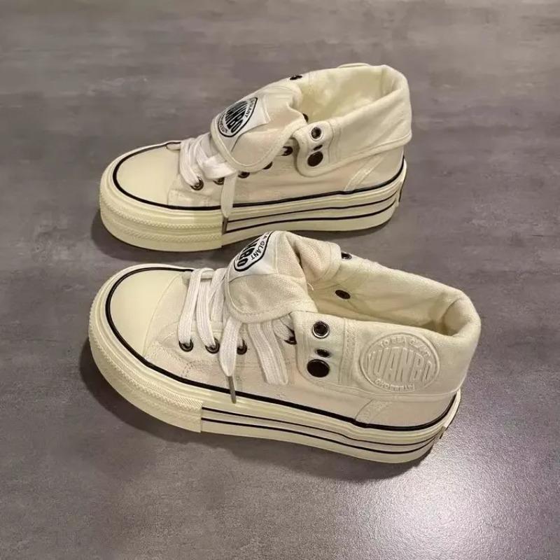 Women High Canvas Board Shoes Outer Flanged Sneakers Dual Purpose Short Boots Thick Outsole Height Increased Lace Up