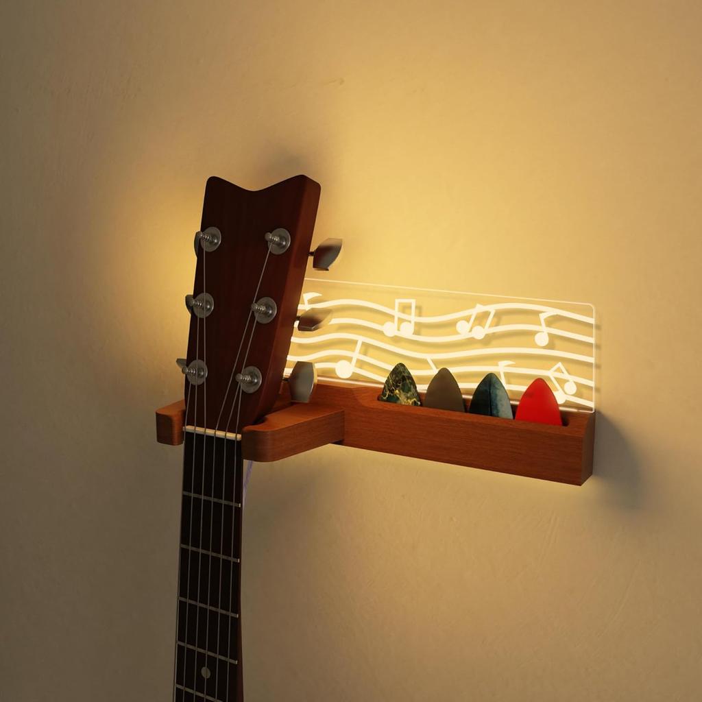Guitar Wall Mount Stand with LED Lights - Solid Wood & Acrylic USB-Powered Guitar Accessories - Gift for Men, Guitar Players, Music Lovers