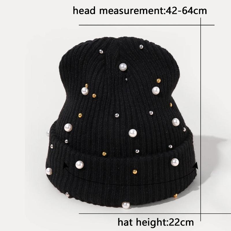 Autumn and Winter Fashionable Solid Color Keep Warm Rhinestone Pearls Knitting Hat Women Rivet Versatile No Eaves Pullover Hat