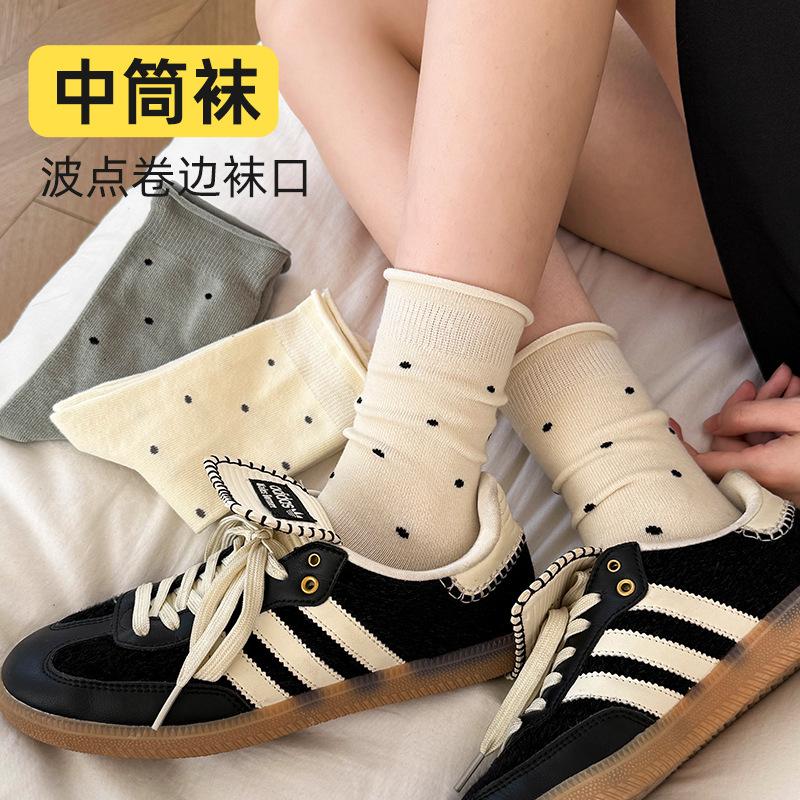 Socks Autumn Sweat-Absorbing And Odor-Proof Cotton Socks Polka Dot Rolled Hem Stacked Socks Mid-Leg Socks Versatile Casual Socks
