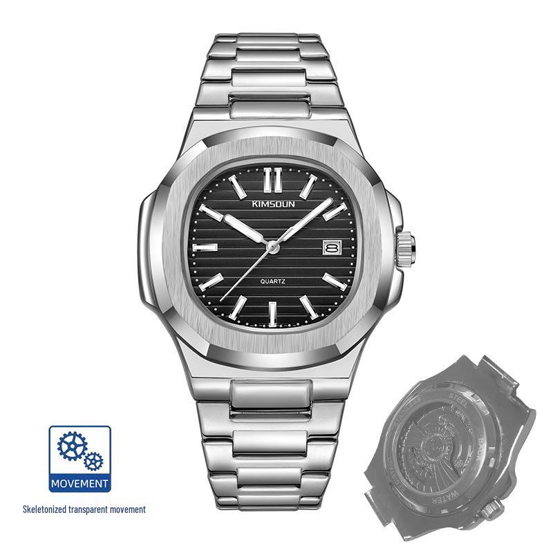Jin Shidun Men's Luminous Quartz Skeleton Watch with Steel Band and Date Display.