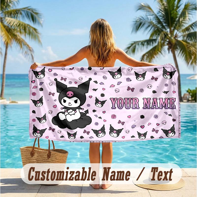 Custom Text Beach Towel, Soft Absorbent Swimming Multi-use TowelKuromi