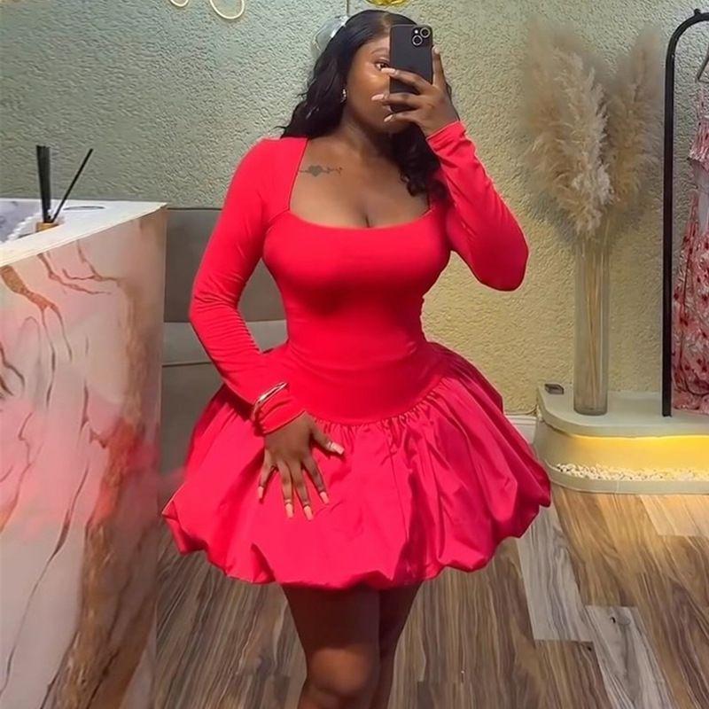 

European and American Women clothes 2025 Summer New Elegant Square Collar Solid Long sleeve Slim fit Flower Buds Short dress Dress Red 2XL