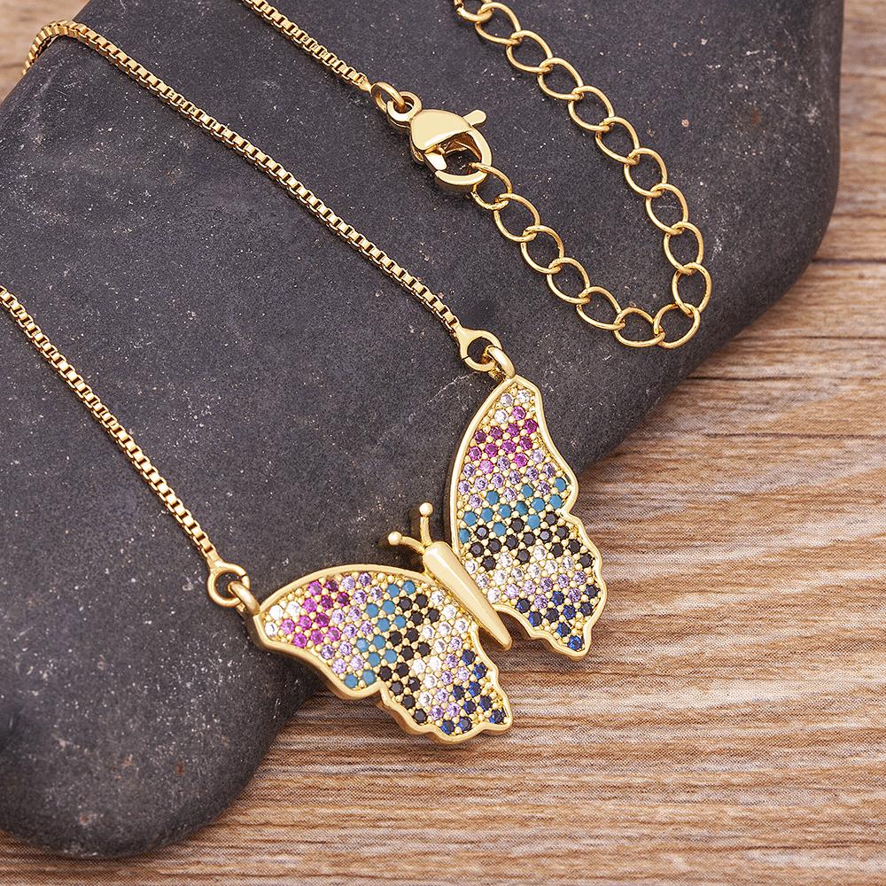 Nidin Top Quality Copper Zircon 12 Styles Charms Butterfly Pendant Chain Necklace for Women Gold Plated Vintage Boho Jewelry