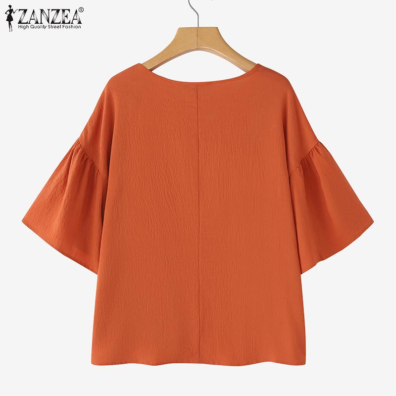 ZANZEA Women Casual Round Neck Solid Color Half Sleeve Blouse