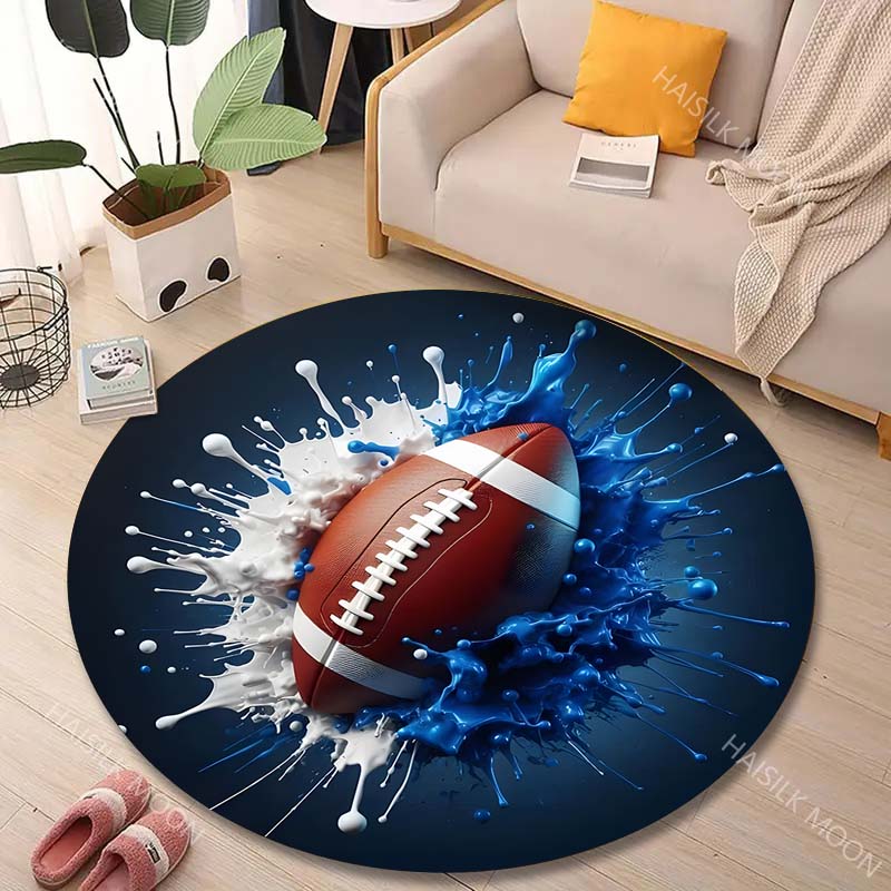 Multiple Sizes Football with Blue and White Liquid Print Round Carpet Living Room Bedroom Table Chair Sofa Decorative Carpet