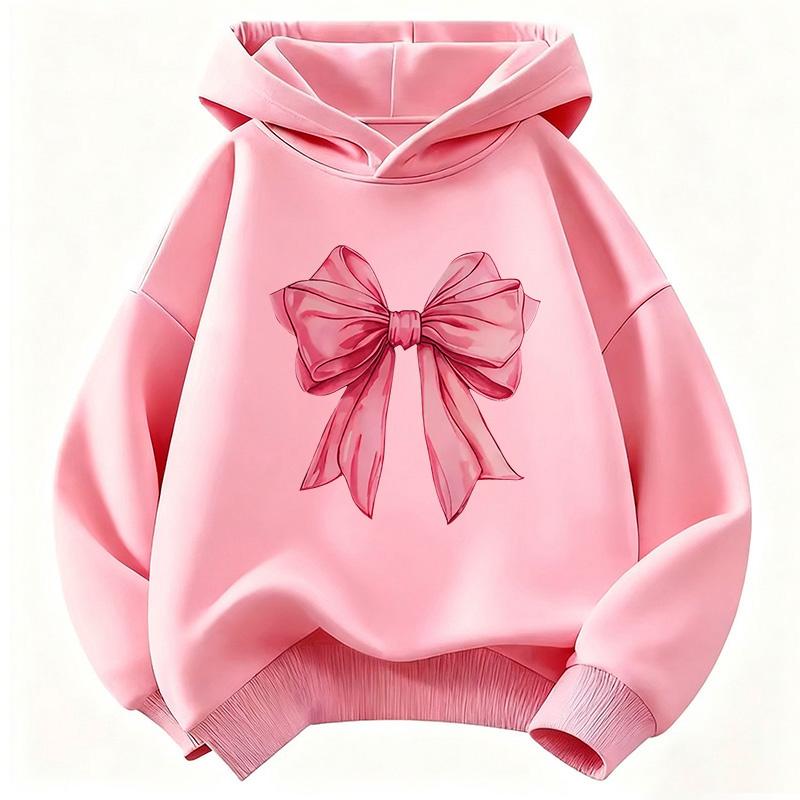 Warm Kids Hooded Pullover, Lovely Hand Drawn Pink Bow Ribbon Graphic Sweatshirt, Autumn Winter Casual Long Sleeve Top for Children Daily Wear