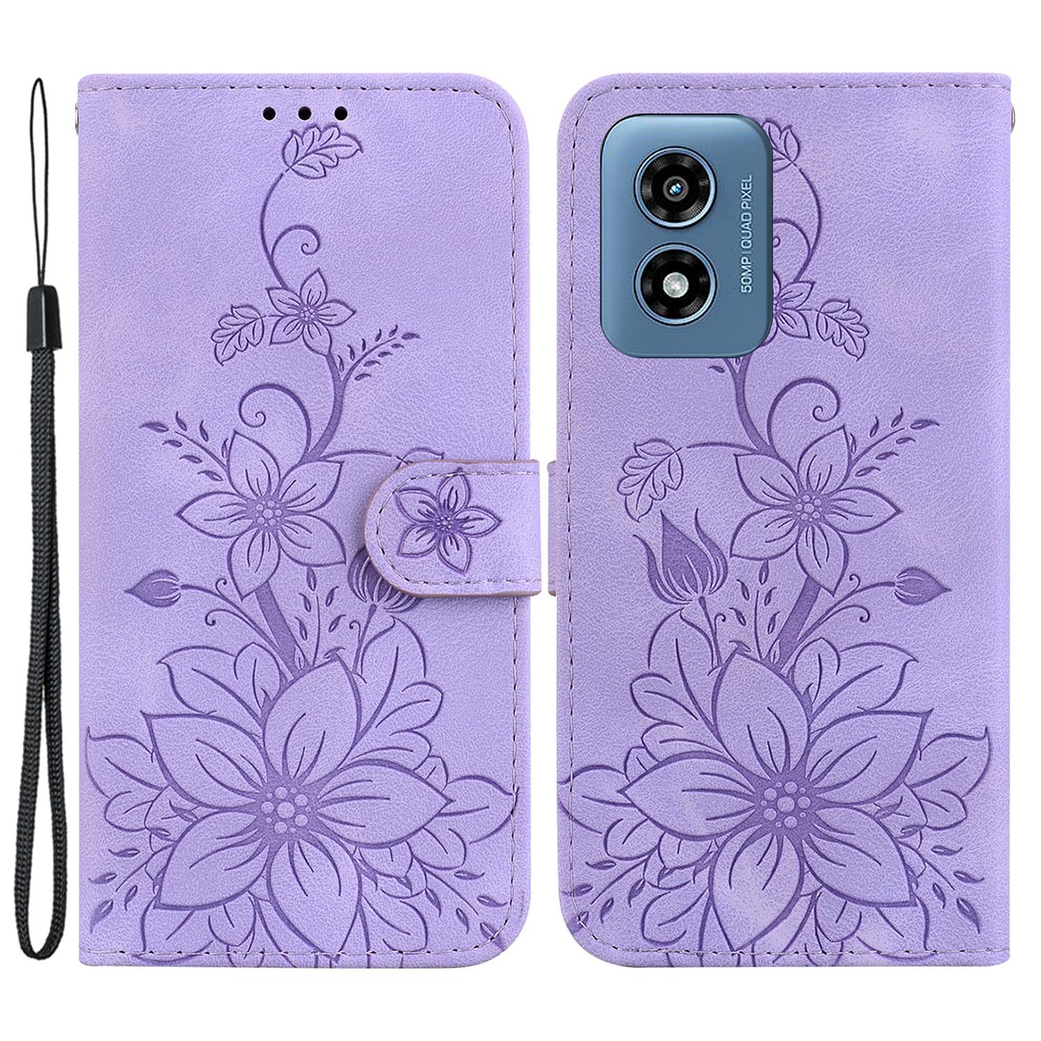 

For Motorola Moto G Play (2024) 4G Wallet Case Flower Imprint Leather Cell Phone Cover Purple
