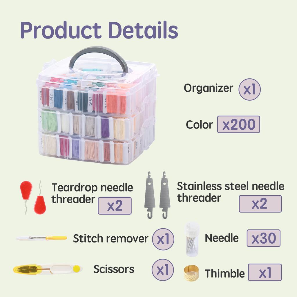 Embroidery Floss Kit Multifunctional Embroidery Thread Floss Kit 3 Layers Embroidery Cross Stitch Kit 200 Colors Friendship