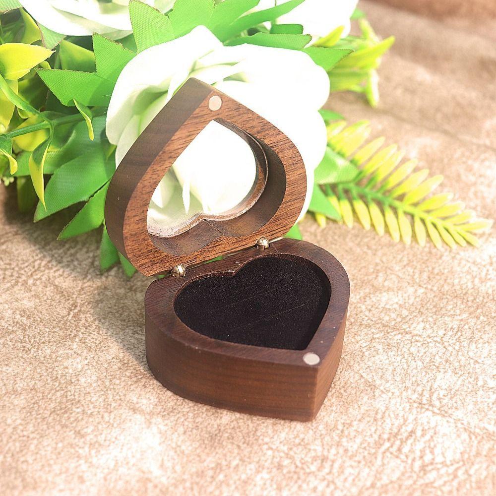 Transparent Cover Walnut Wood Rings Box 2 Slots Rings Bearer Box Simple Heart Rings Holder  Propose