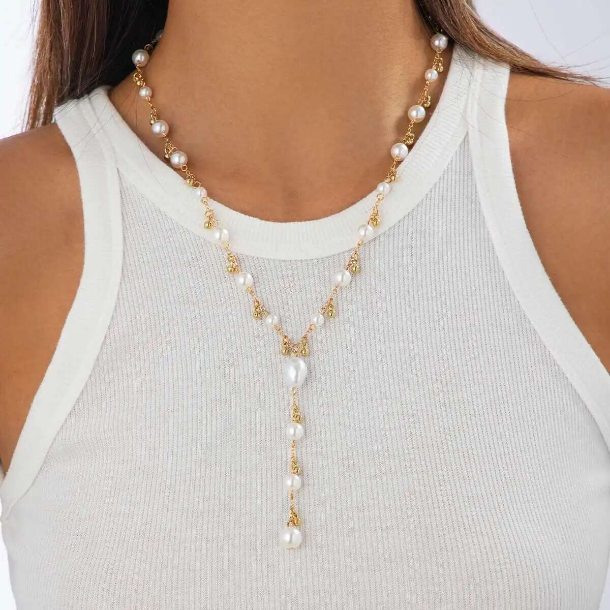 

Ingemark 2026 Trendy Elegant Imitation Pearls Choker Necklaces Women Bohemia CCB Beaded Long Y-Shaped Pendant Necklace Jewelry