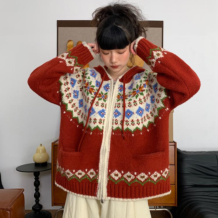 DIMANAF 2025 Übergröße Herbstpullover Reißverschlussmantel Strickjacke Taschen Damen Musterdruck Pullover Strick Rot Lockerer Pullover