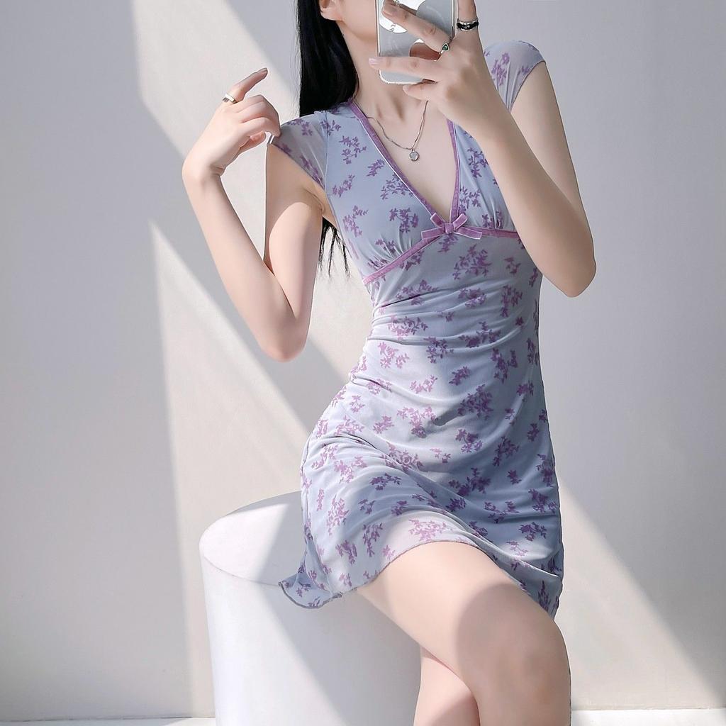 French pure desire wind contrasting color bow V-neck floral dress women's summer sweet babes sexy waist A-word short skirt