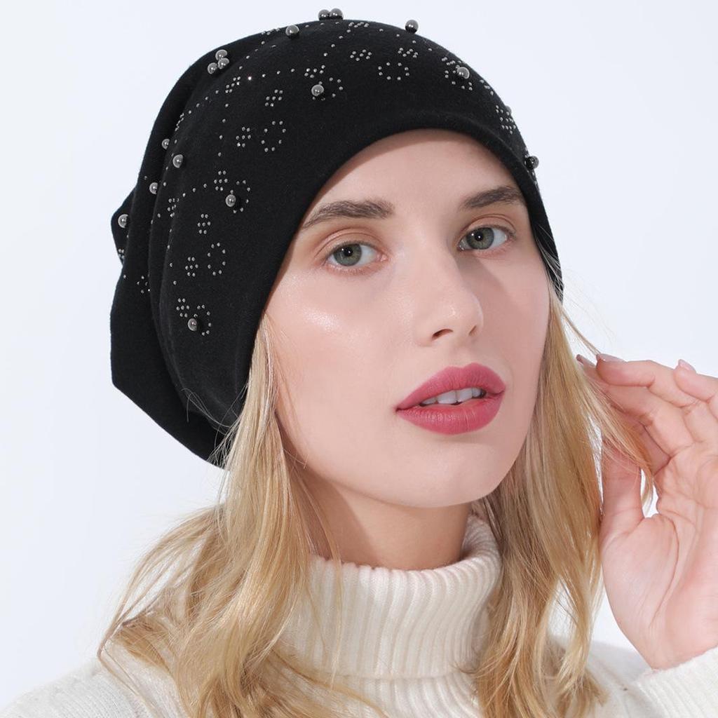 Women's Autumn Winter Double Layer Cotton Hot Diamond Binding Bead Pullover Versatile Warm Hat KTY