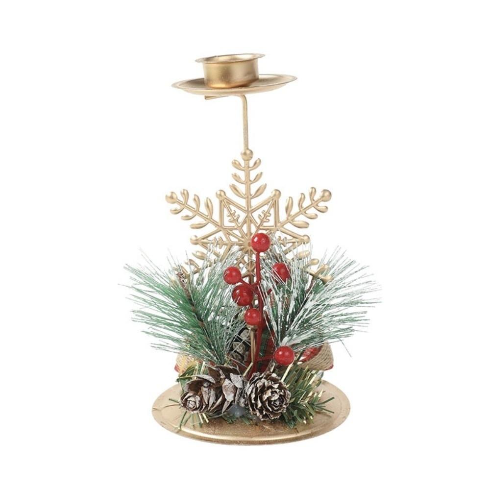 Golden Christmas Candle Holder Xmas Tree Snowflake Iron Candlestick Simulated Pine Needles Desktop Ornament Christmas Decor