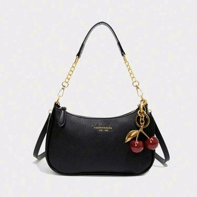 Yogodlns Stylish Luxury Design PU Leather Hobo Shoulder Bag Women Cherry Pendant Small Crossbody Bag For Daily Use Tote Bag