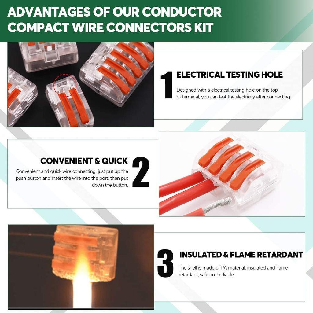 CTRICALVER Compact Splice Connectors for Stranded and Solid Wire Type 15-Piece Connectors, One-Touch Connection, 3-Hole