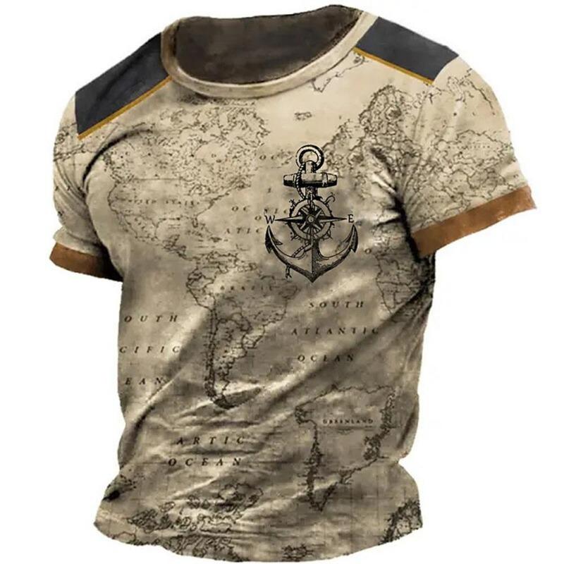 Vintage Men's T-shirt Summer American Shirt Tops Compass Printed Short-sleeve Clothing Casual Streetwear