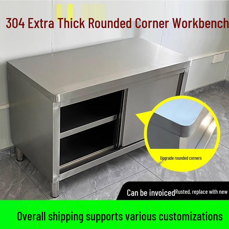 304 Stainless Steel Sliding Door Kitchen Workbench with Rounded Corner and Cutting Board Stove Table