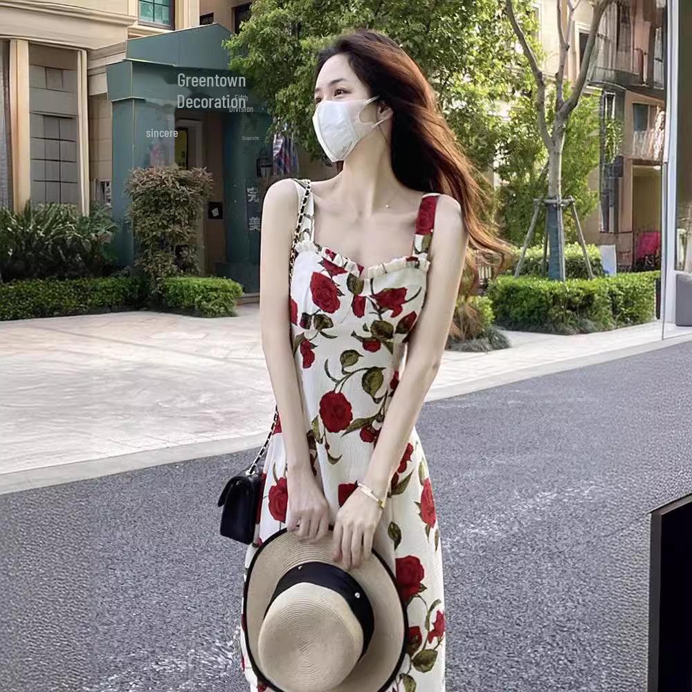 Women's French Retro Rose Floral Suspender Dress - Elegant and Chic Long Design