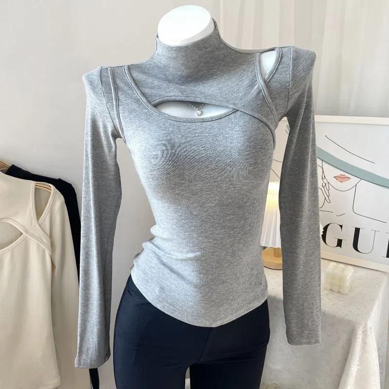 

Женские черные, серые, бежевые топы с полувысоким воротником для девочек, винтажные элегантные универсальные тонкие повседневные рубашки с длинными рукавами L серый