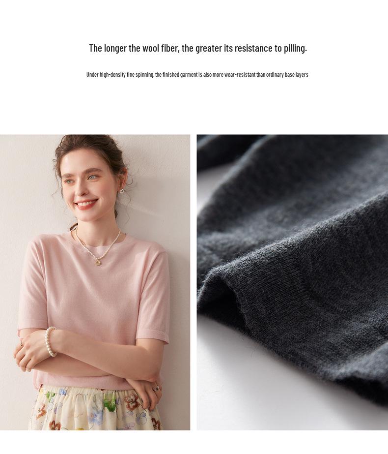 Women's 100% Wool Short Sleeve Round Neck Sweater - Casual, Versatile Solid Color Autumn Pullover
