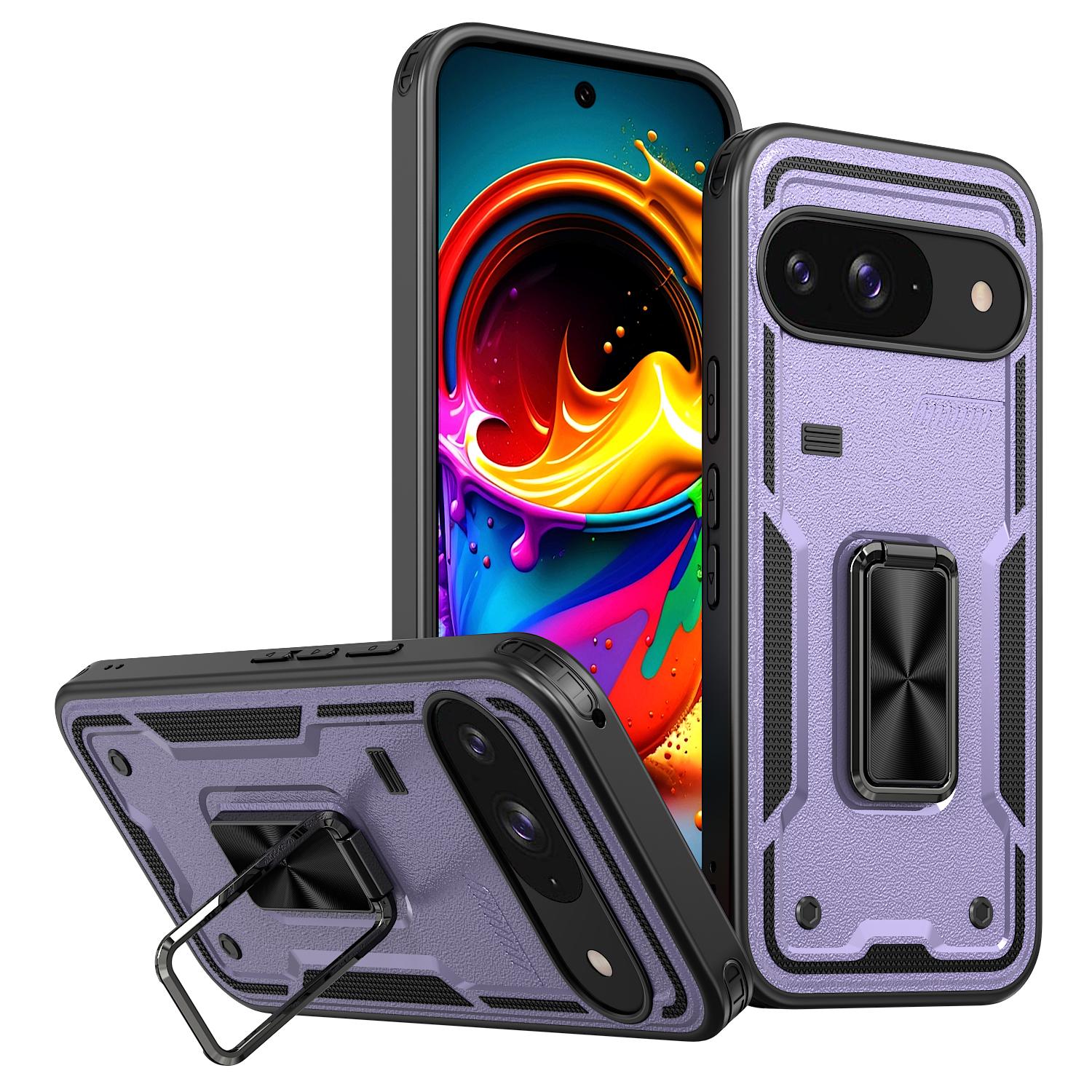 

For Google Pixel 9/9 Pro Case Ring Kickstand Anti-Drop PC+TPU Phone Cover Purple