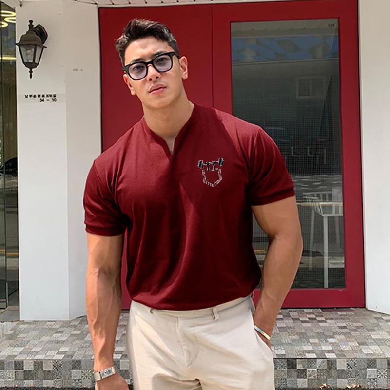 Muscleguys Men's Versatile V-neck Breathable Short Sleeve T-shirt Sports Casual Cool Fitness Clothing
