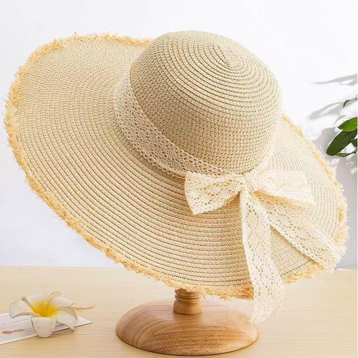 Flat-top straw hat women's straw top hat, new summer big-brimmed sun hat, seaside vacation sun hat