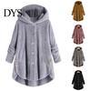 Solid Color Women Jacket Plush Coat Hooded Long Sleeve Side Buttons Hem Single Breasted Mid-length Casual with Pockets Loose Fit Velvet Winter