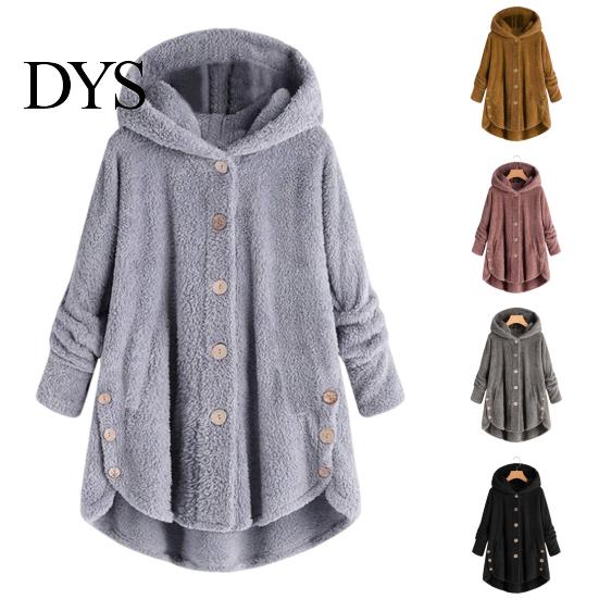 Solid Color Women Jacket Plush Coat Hooded Long Sleeve Side Buttons Hem Single Breasted Mid-length Casual with Pockets Loose Fit Velvet Winter