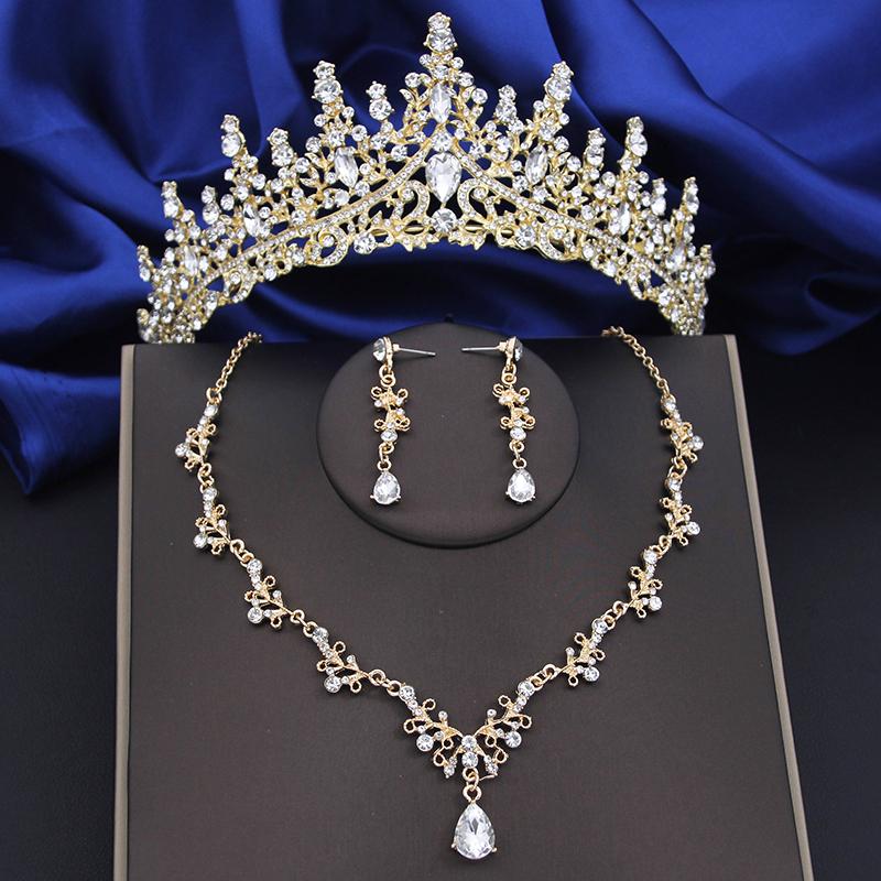 Quality copper Color Water Drop Bridal Jewelry Sets Princess Tiaras Necklace Earrings Wedding Crown Jewellry Set for Brides