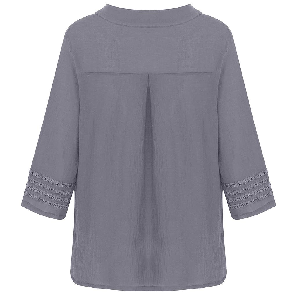 Women Flared Sleeve Tops Solid V-Neck Lace Splicing Fold Three Quarter Sleeve