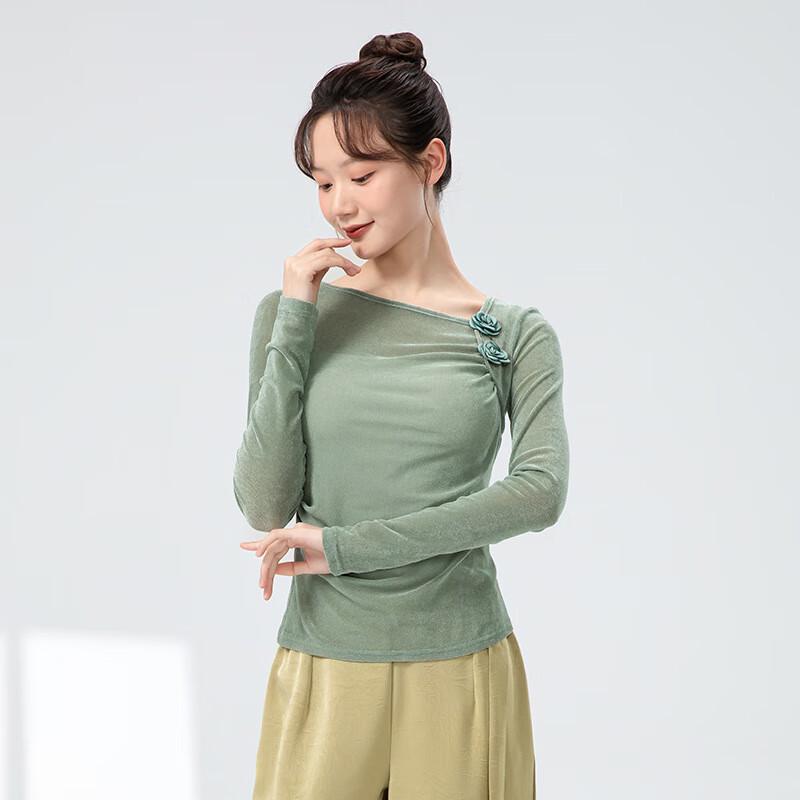 WEZHO French Floral Velvet Asymmetric Shoulder Modern Dance Practice Top