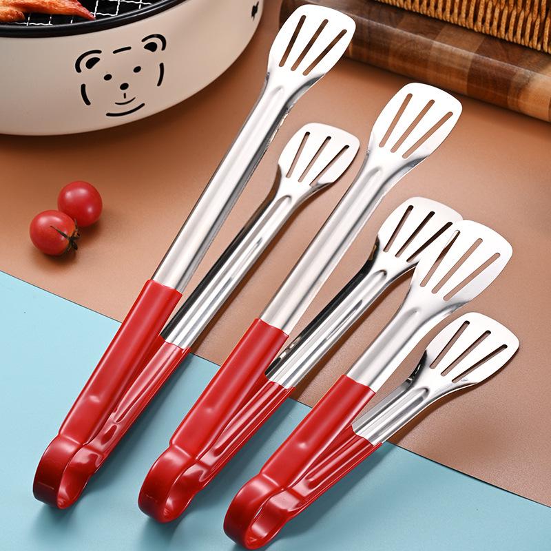 Red Silicone Stainless Steel Anti-Slip BBQ Tongs – Anti-Scald Kitchen Tongs for Bread and Food