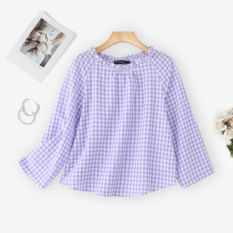 

ZANZEA Женская повседневная блузка с клетчатым принтом, круглым вырезом и длинными рукавами S