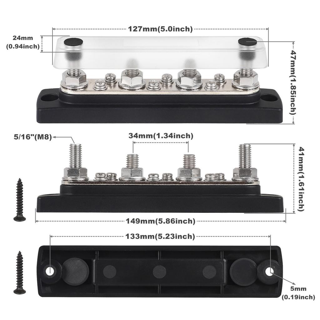 Bus Bar Battery Power 150A 12V-48V M8 SET Distribution Terminal Block Post Stud Black For Truck RV Yacht Car Camper Accessories